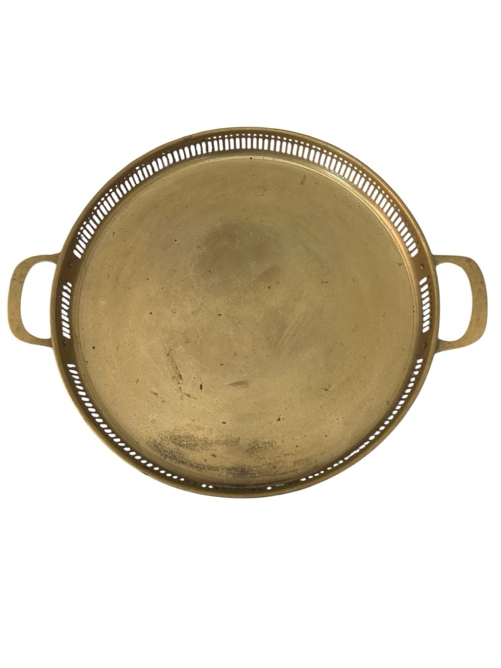 vintage MCM solid brass serving tray featuring a decorative pierced gallery rim